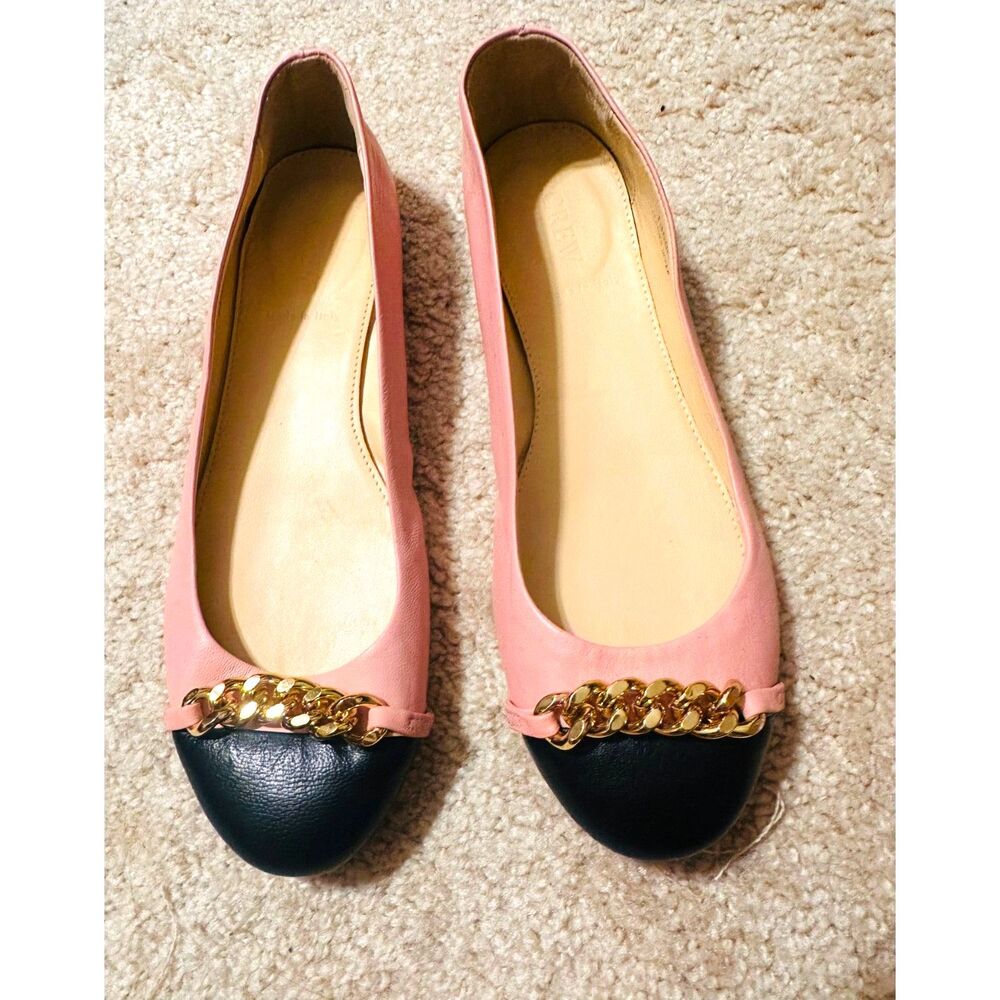 J. Crew Nora Italy Leather Chunky Gold Chain Cap Toe Classic Glam Ballet Flats 7
